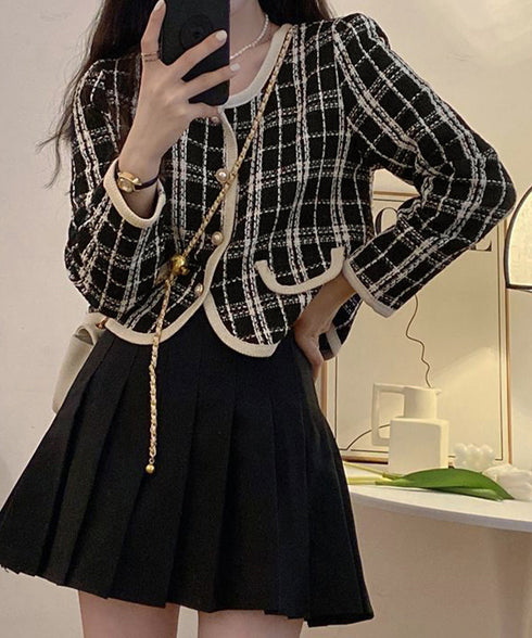 韓国風ツイードジャケット ライトアウター チェック柄ショートジャケットレディース カジュアル春秋上着 おしゃれ きれいめ 通勤服OL羽織り 着やせアウター 細見え 6QINGROU-002